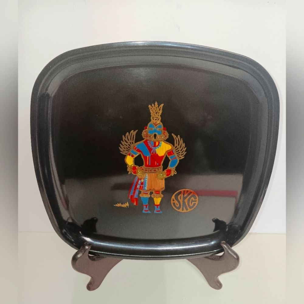 Couroc of Monterey CA Kachina Hopi Warrior Inlaid Plate Black Square Tray 8.5”